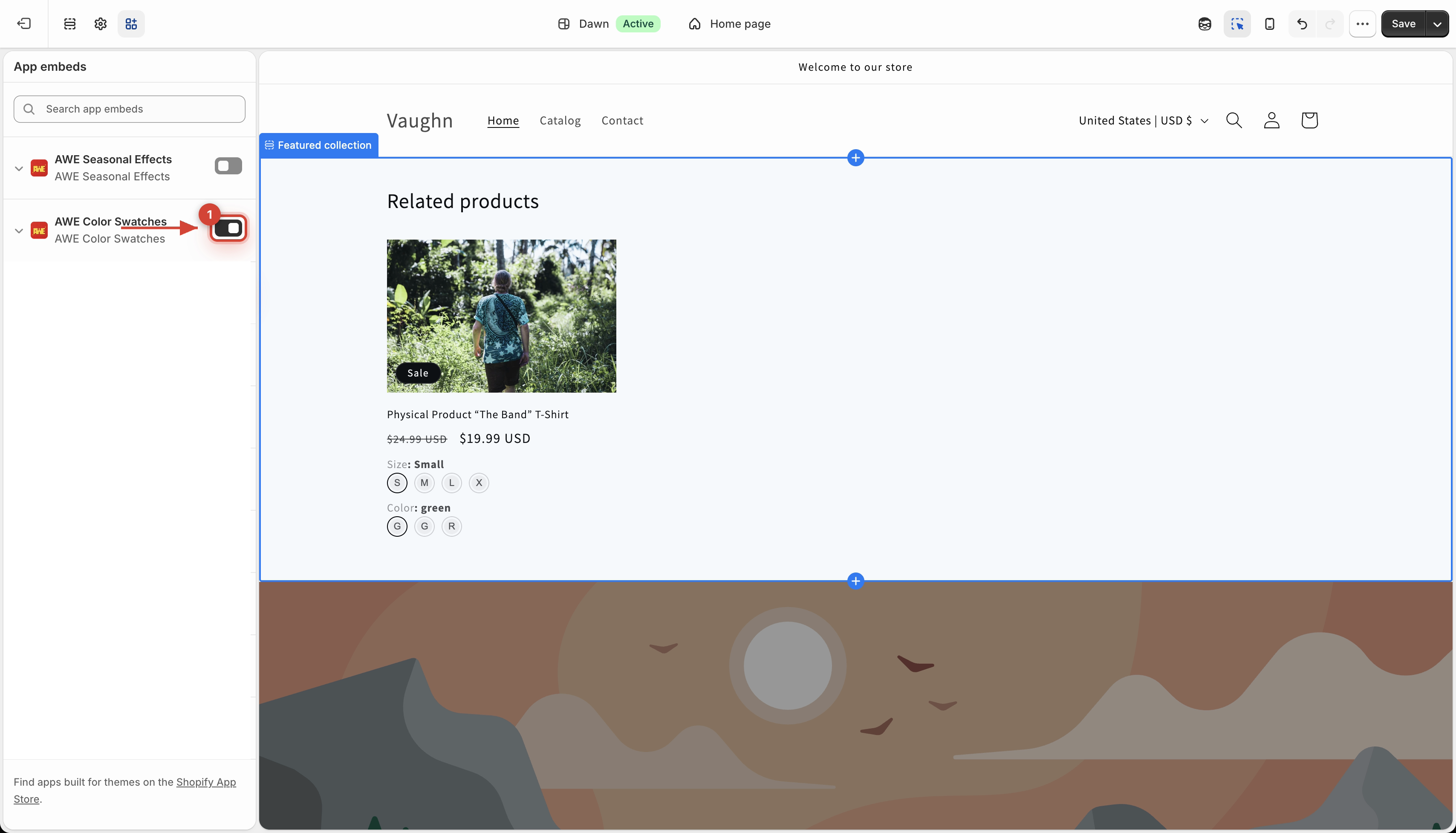 AWE Color Swatches app embed switched on in the theme editor