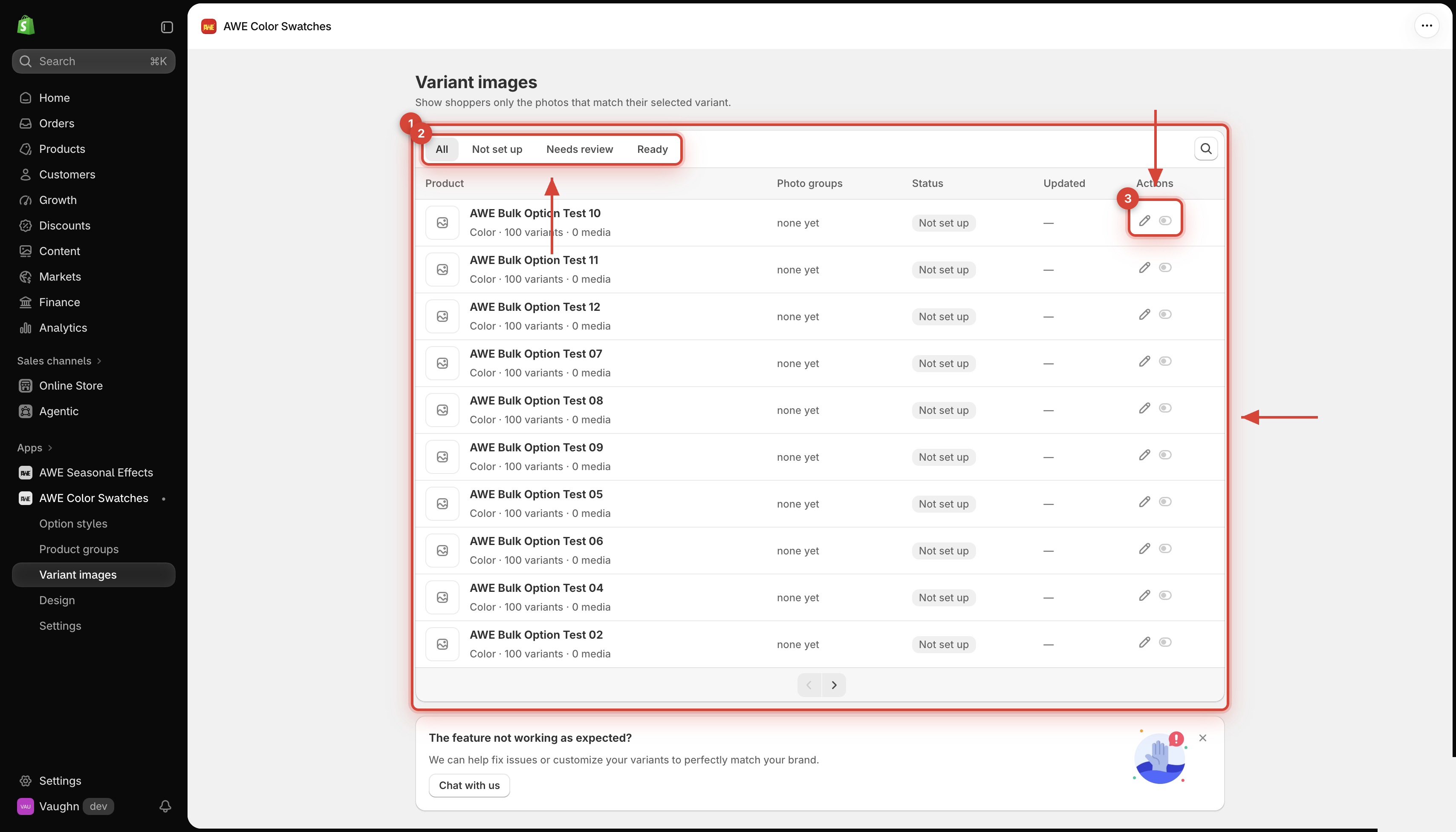 Variant images product list with status tabs