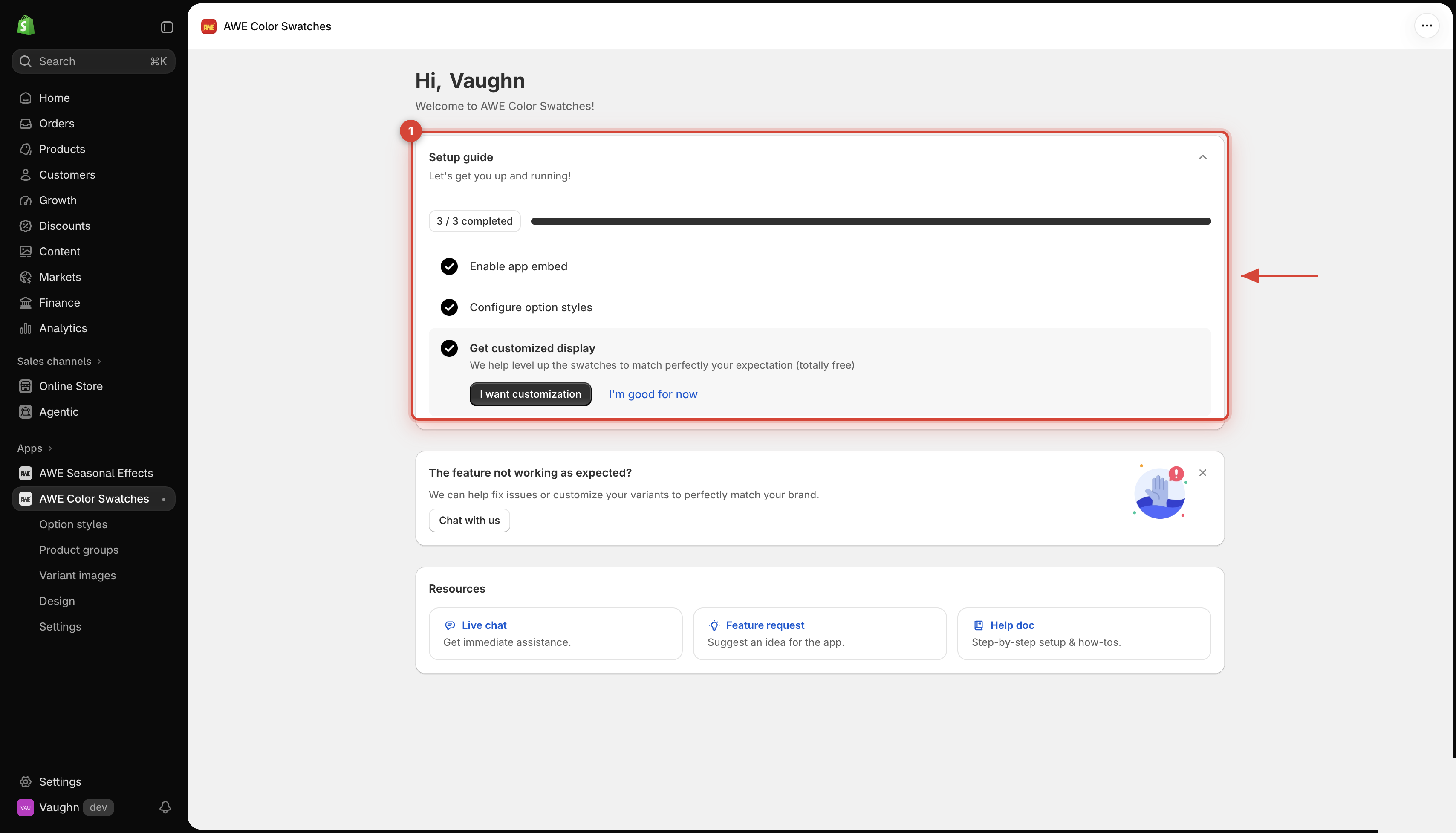 Setup guide on the app Home page