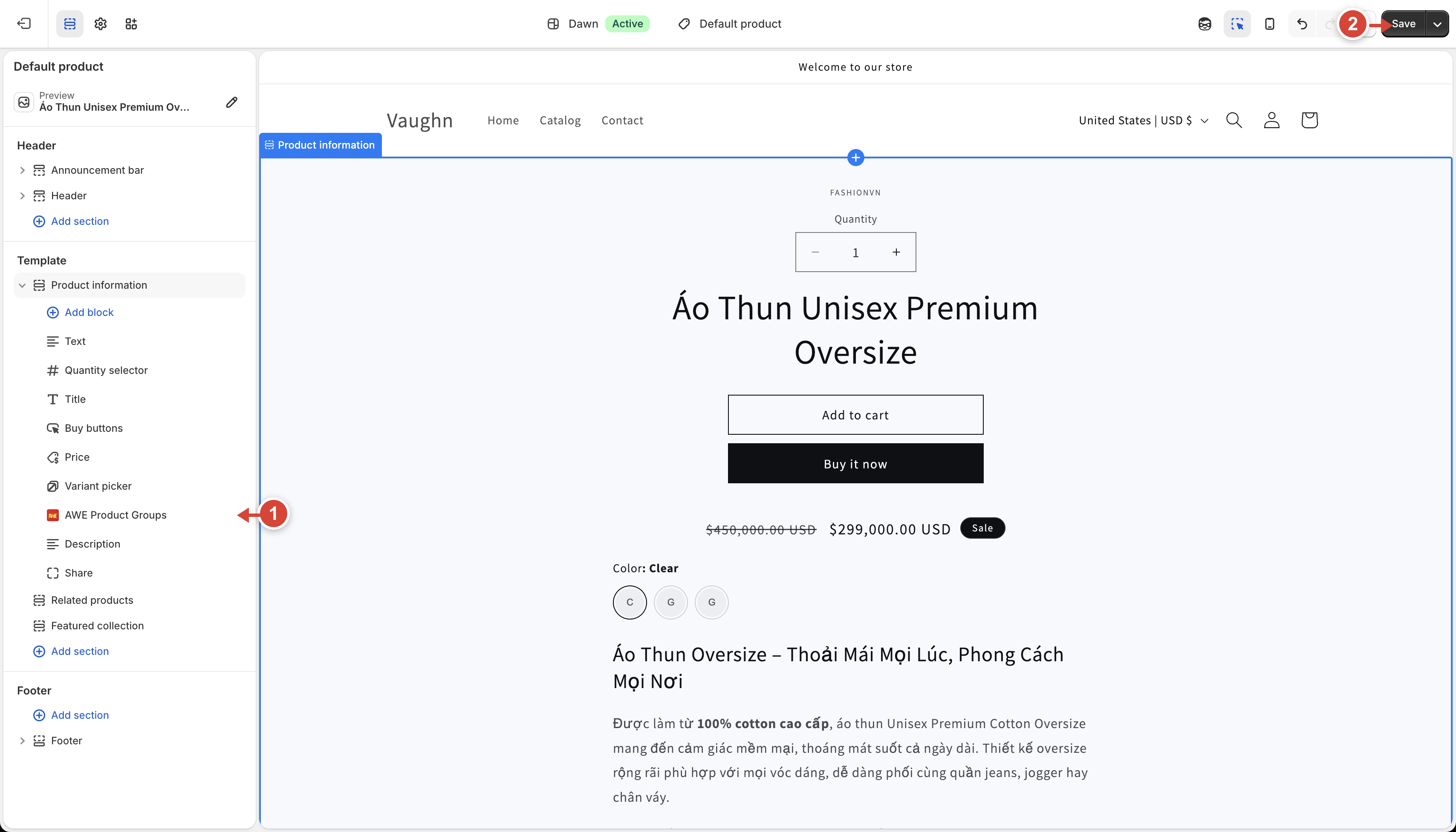 AWE Product Groups block in the product template with Save highlighted