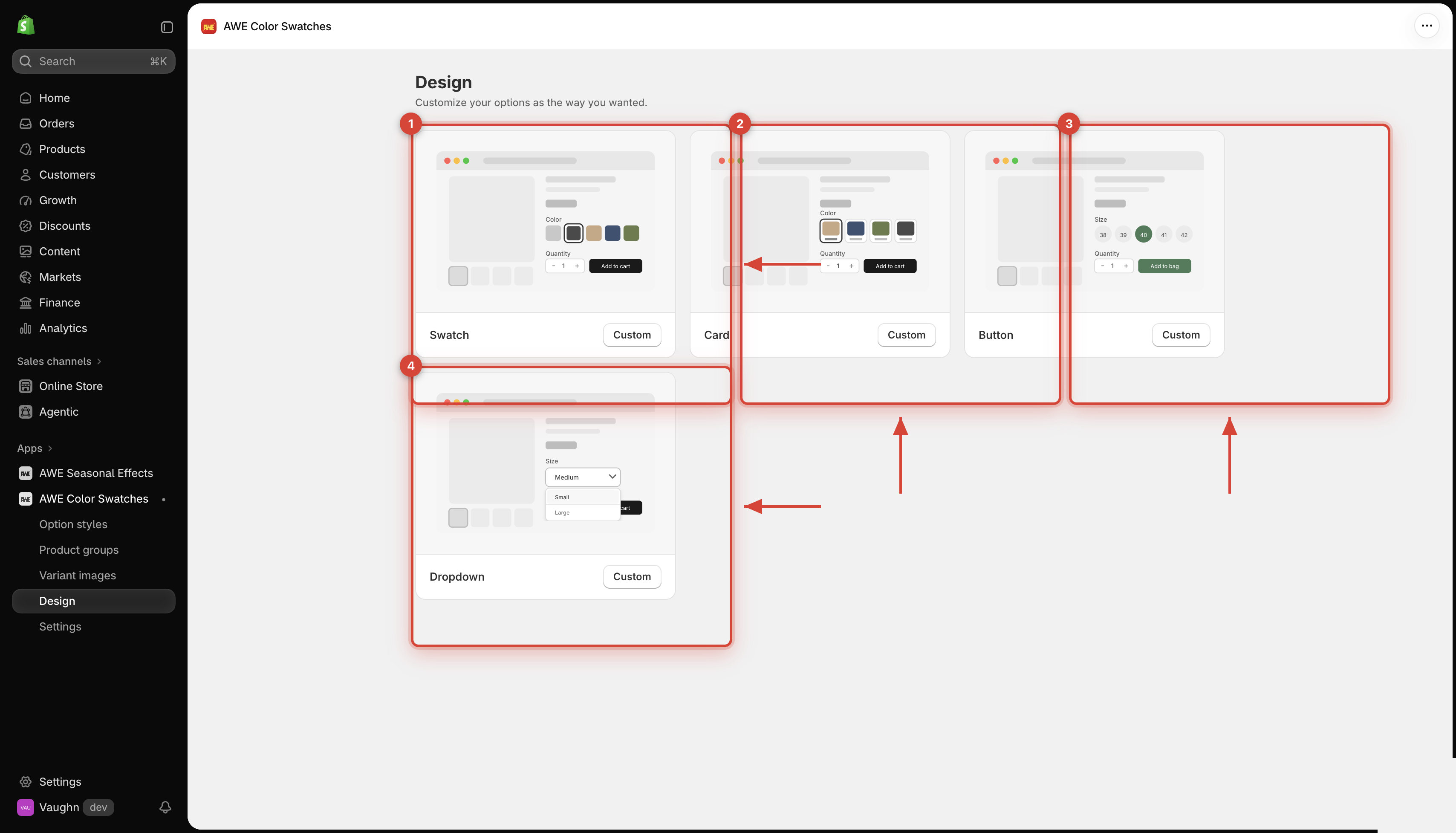 Design page with Swatch, Card, Button and Dropdown
