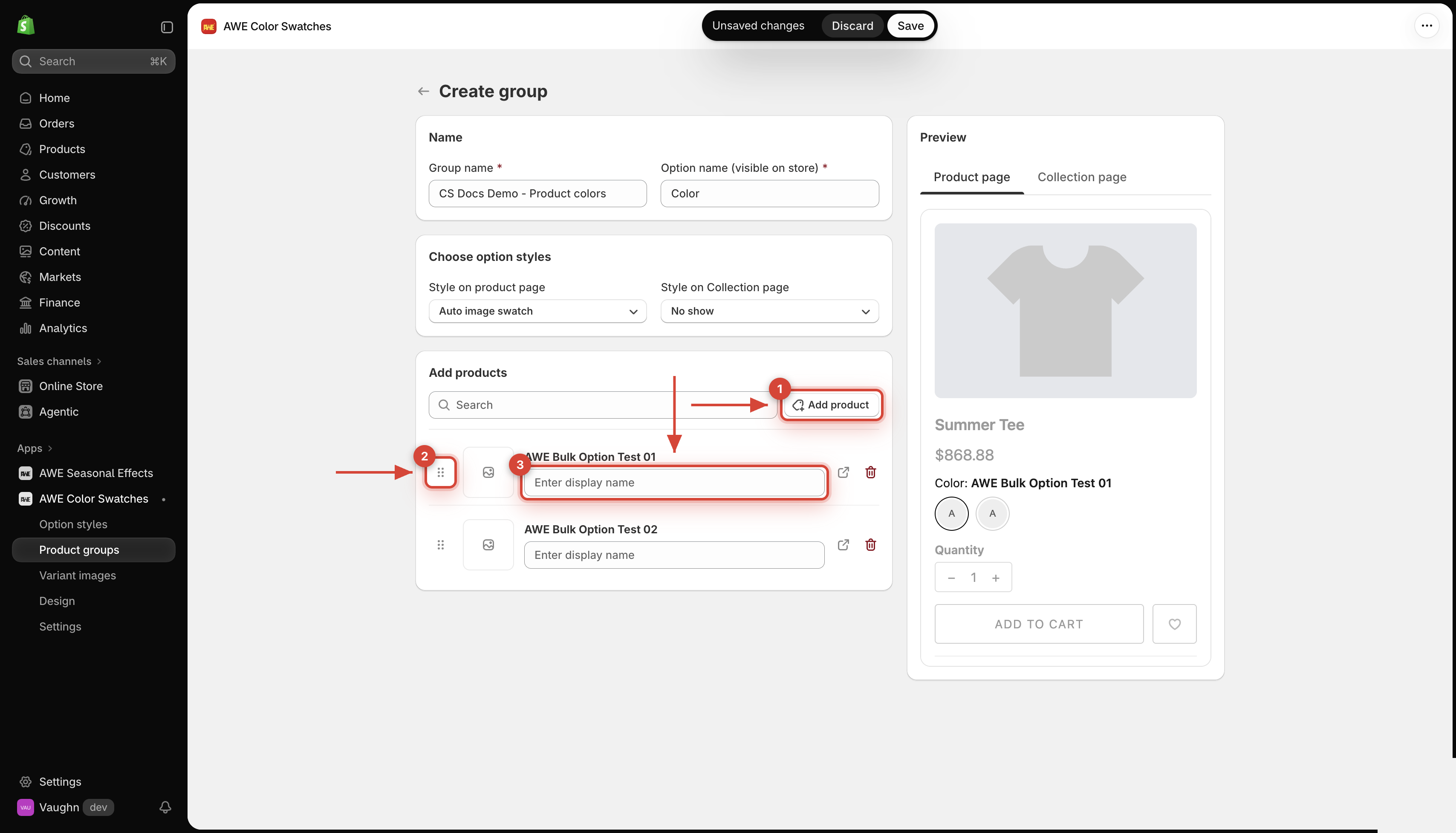Products in the group with display names