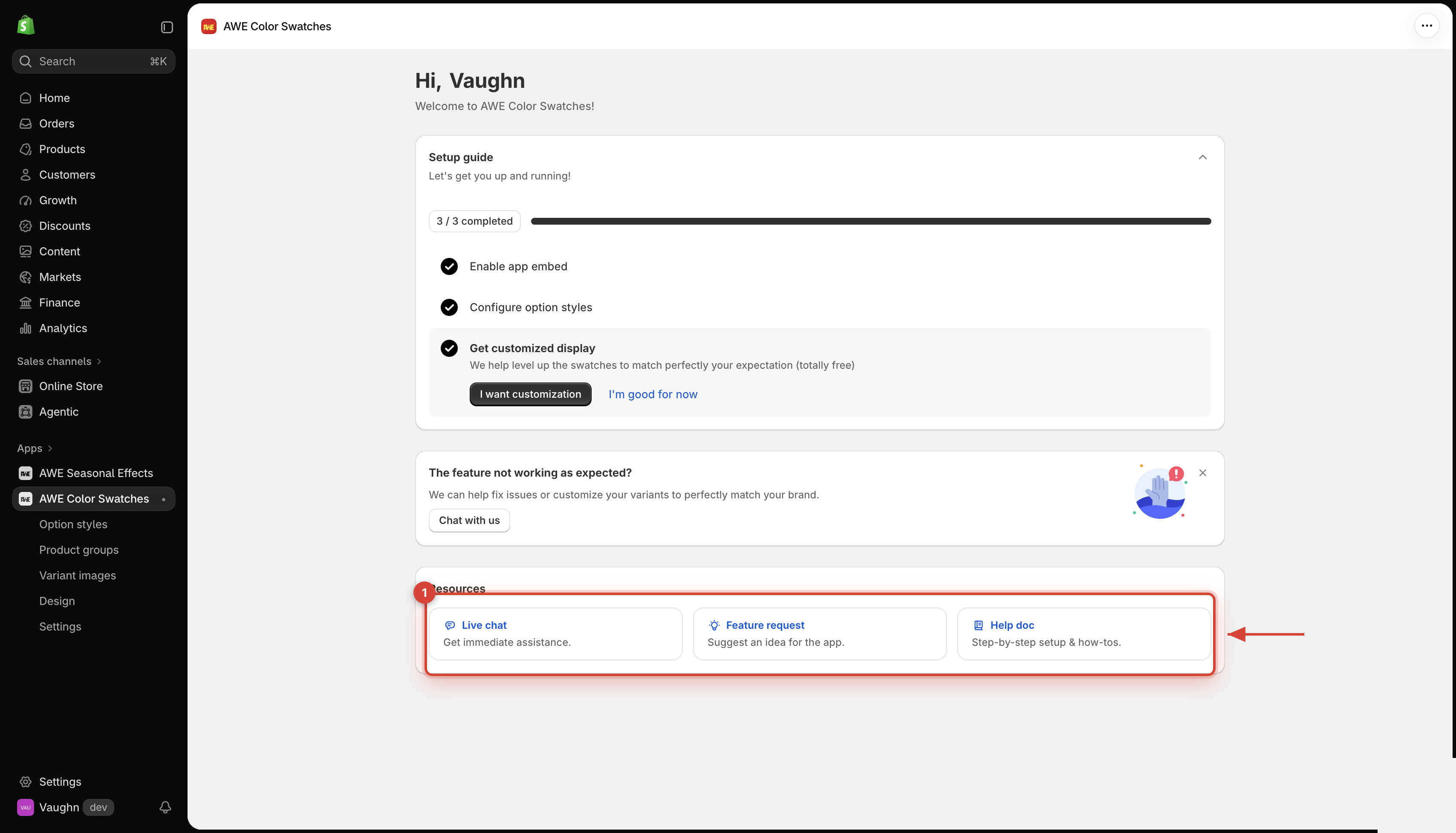 Resources card with Live chat, Feature request and Help doc