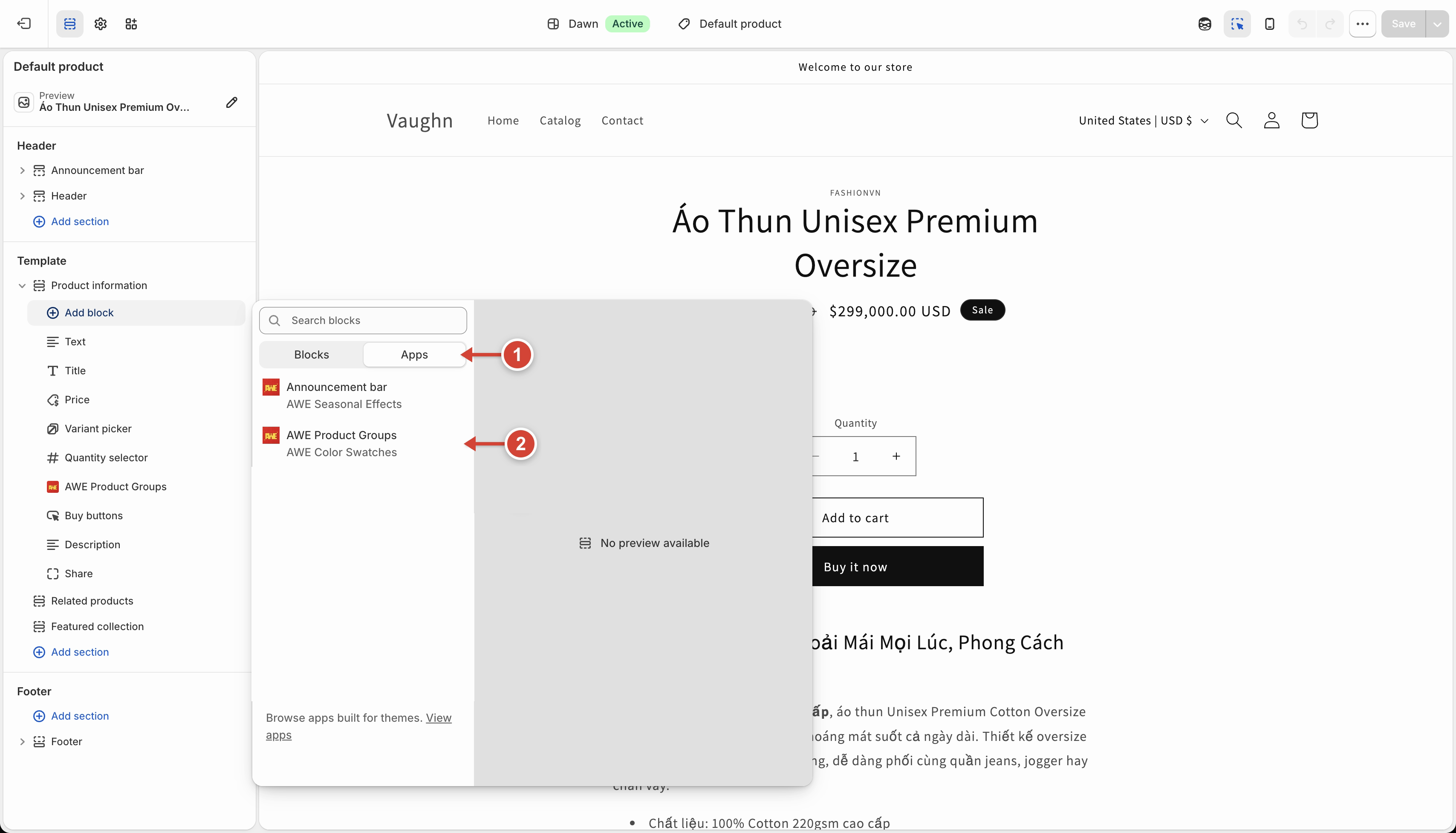 Apps tab with the AWE Product Groups app block