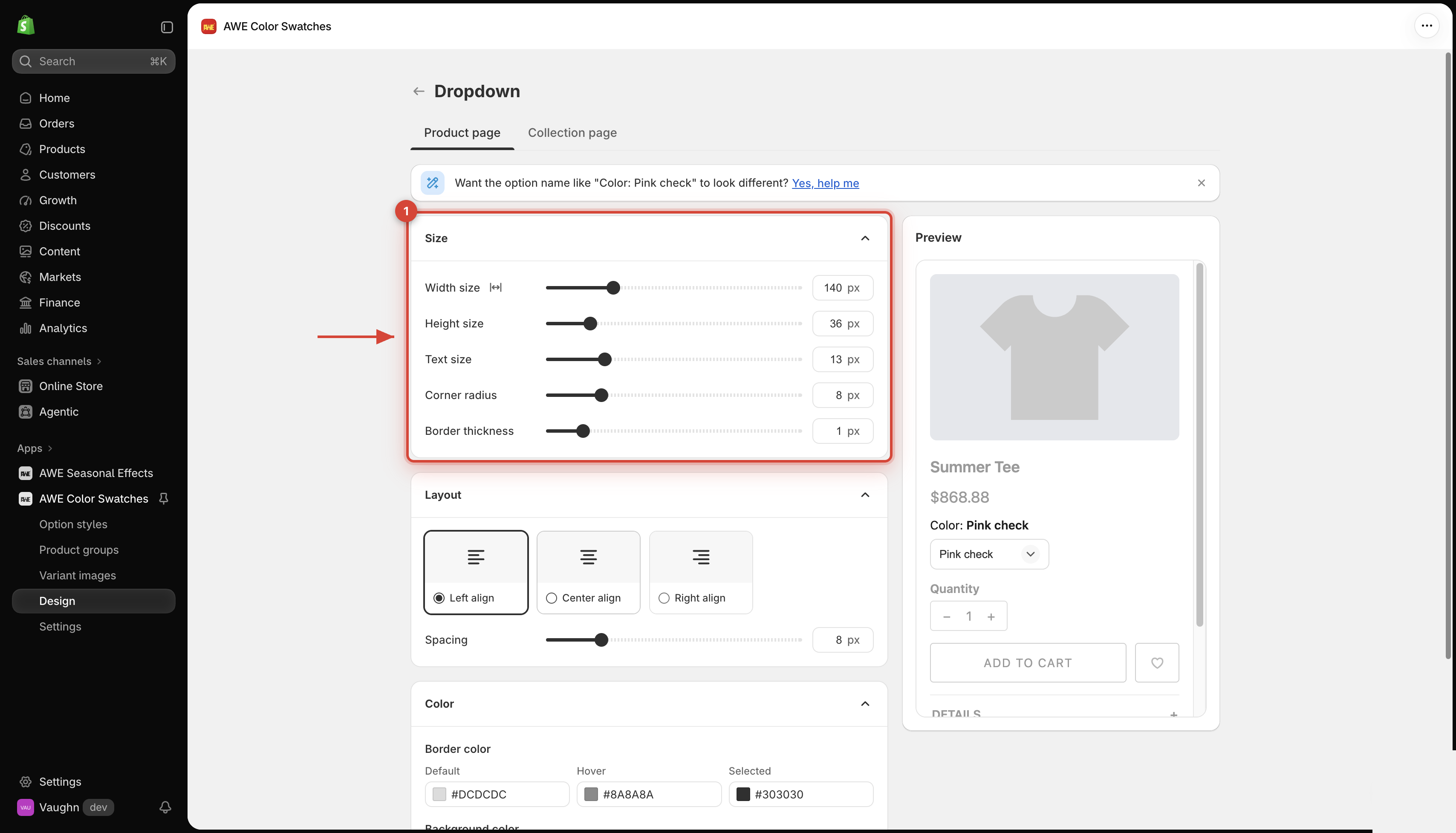 Dropdown size with the full-width toggle