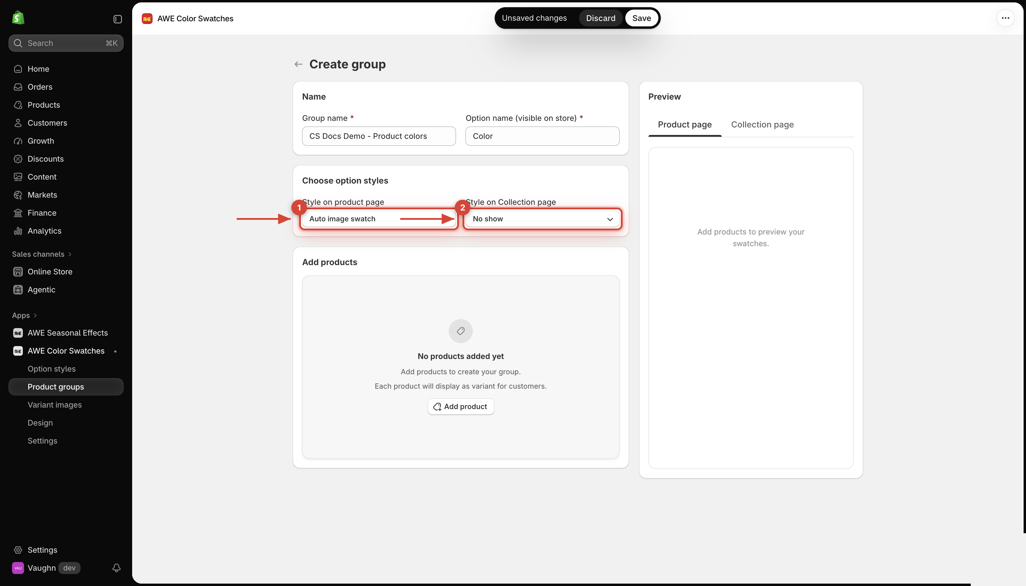 Choose option styles for the product and collection page
