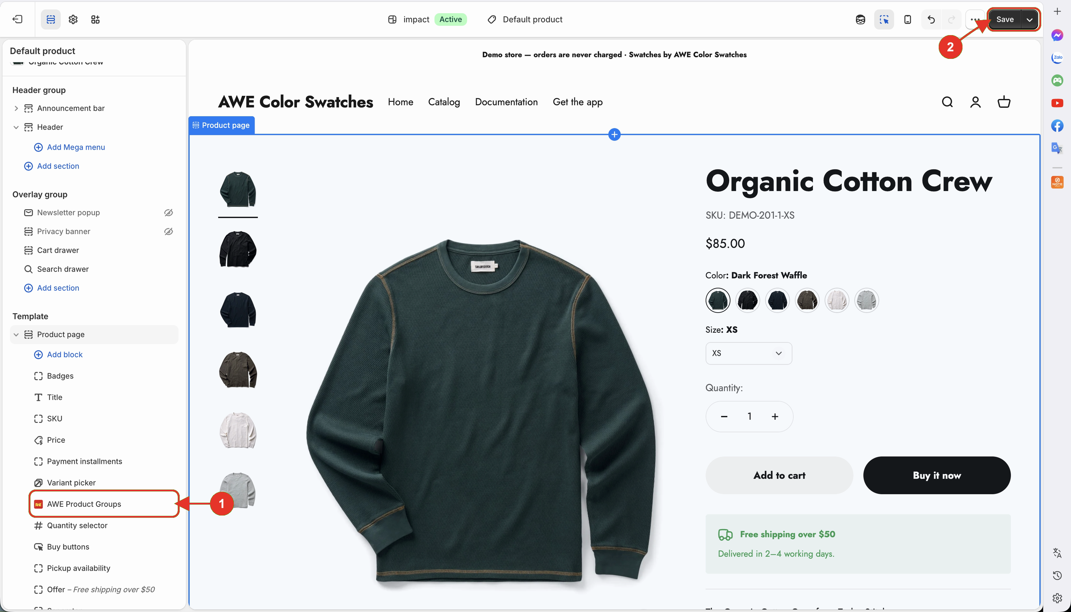 AWE Product Groups block in the product template with Save highlighted