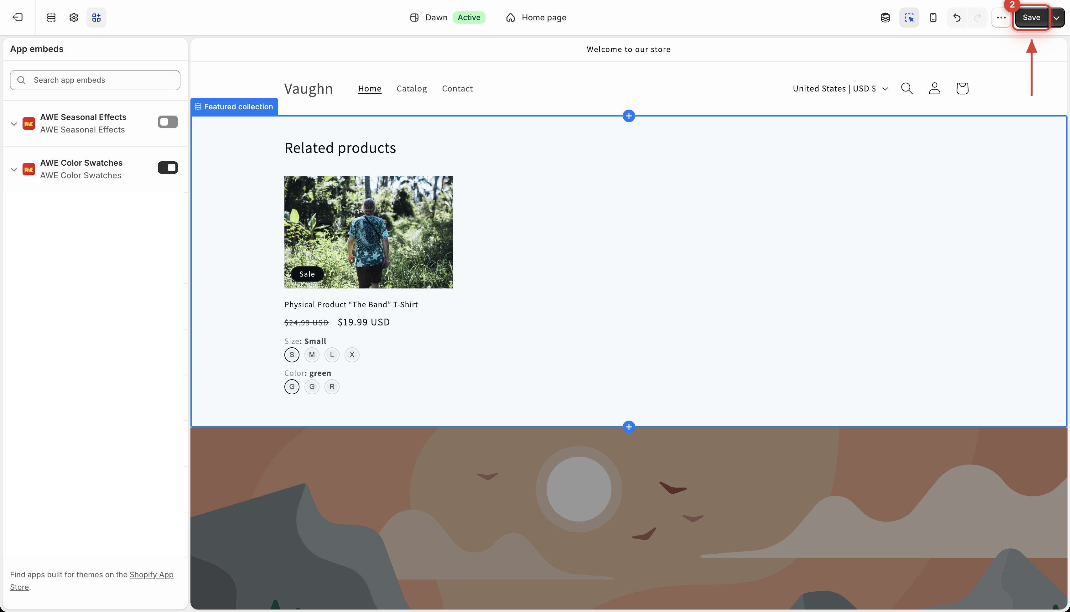 Save button at the top right of the theme editor