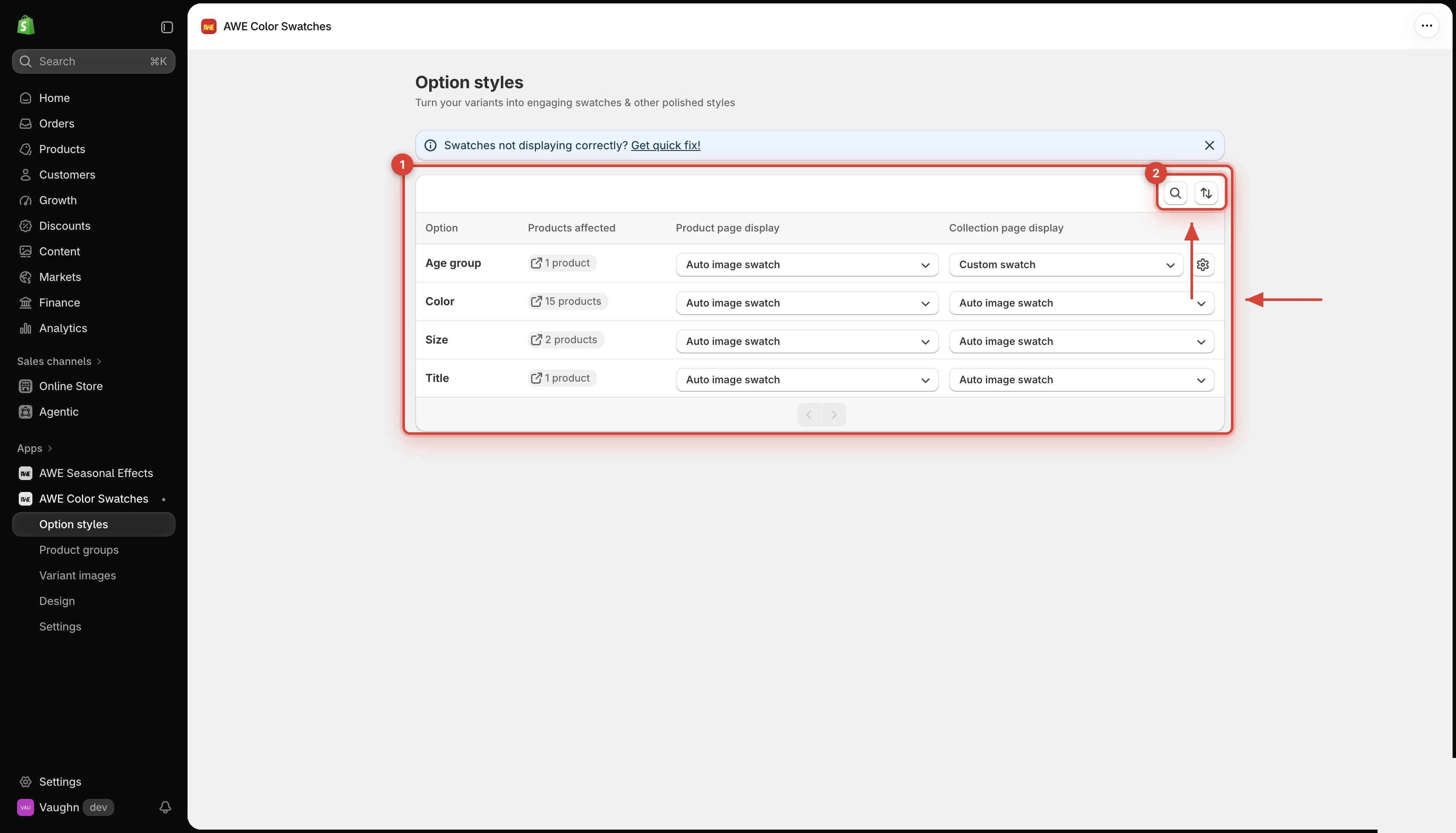 Option styles list with product and collection page display